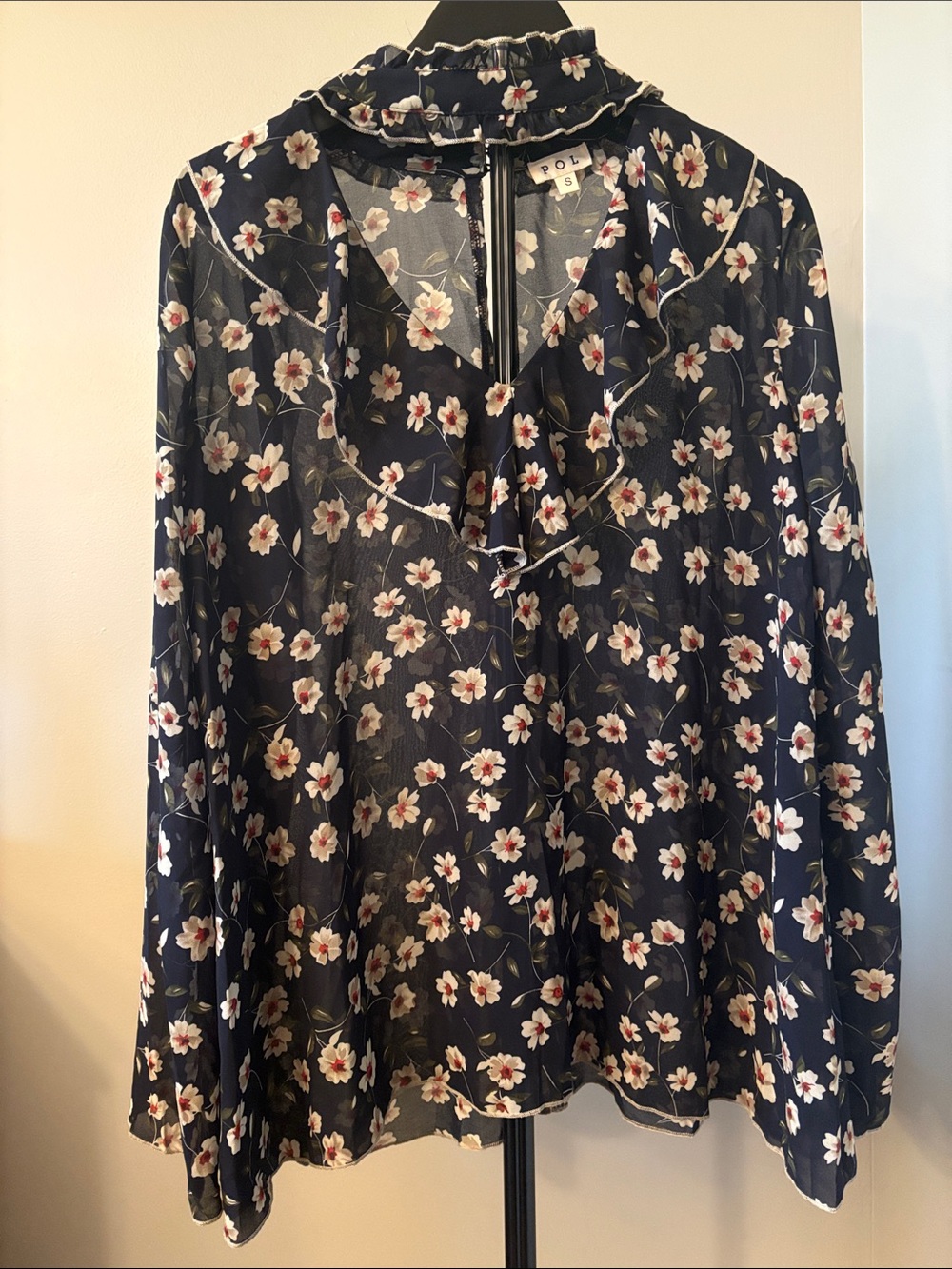 POL Size Small Navy Floral Ruffle-Neck Long Sleeve Blouse, NWOT